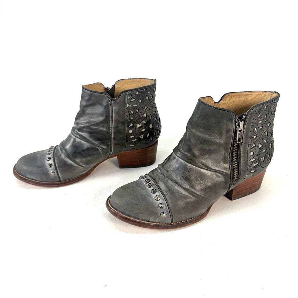 Patron Perugia Ruth Studded Ankle Boots Women Size 9M Gray Zipper Cut Out Detail
